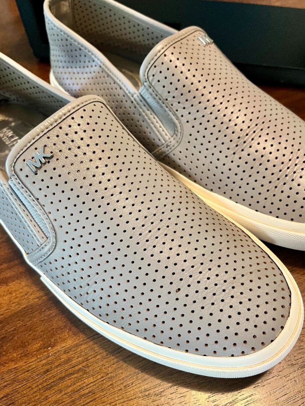 Size 8 - Michael Kors Slip-On Perforated Light Gray Leather Sneakers
